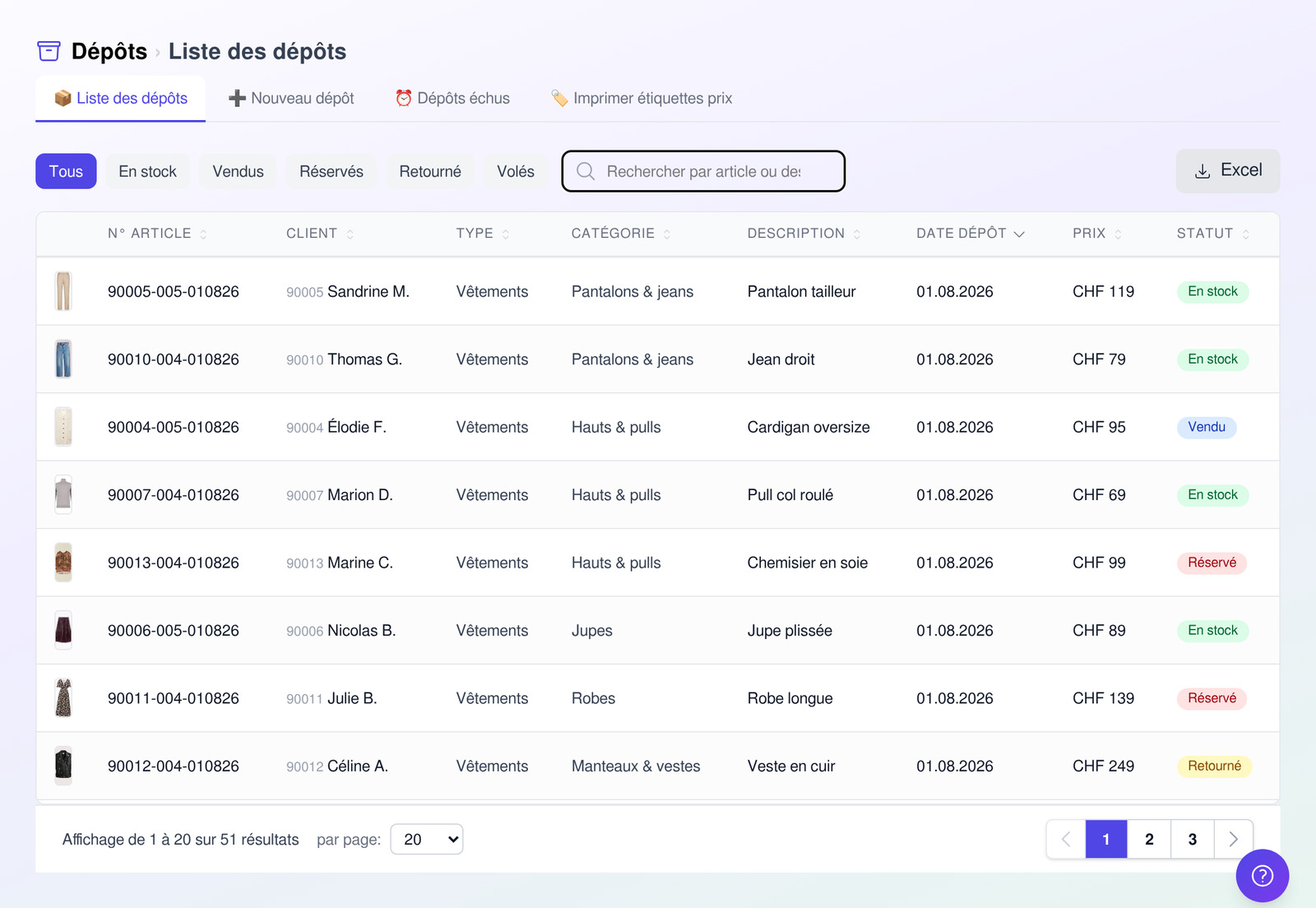 Liste des dépôts : numéro d’article, déposant, description, prix et statut.