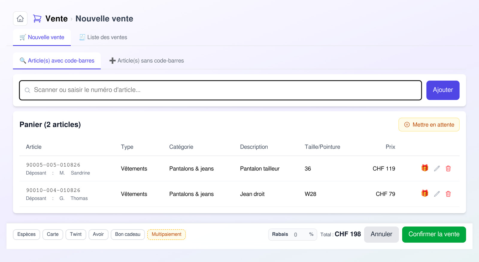 Écran de vente : panier de 3 articles avec le nom du déposant sur chaque ligne.